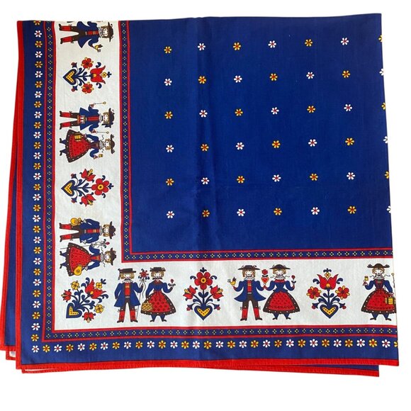 Vintage Austrian Folk Art Cotton Tablecloth Blue Red Traditional Costume Floral - Picture 1 of 5